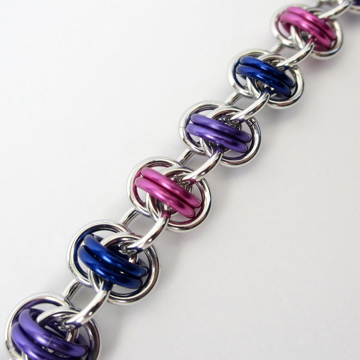 Bi pride bracelet, chainmaille bracelet, bisexual jewelry, barrel weave chainmaille