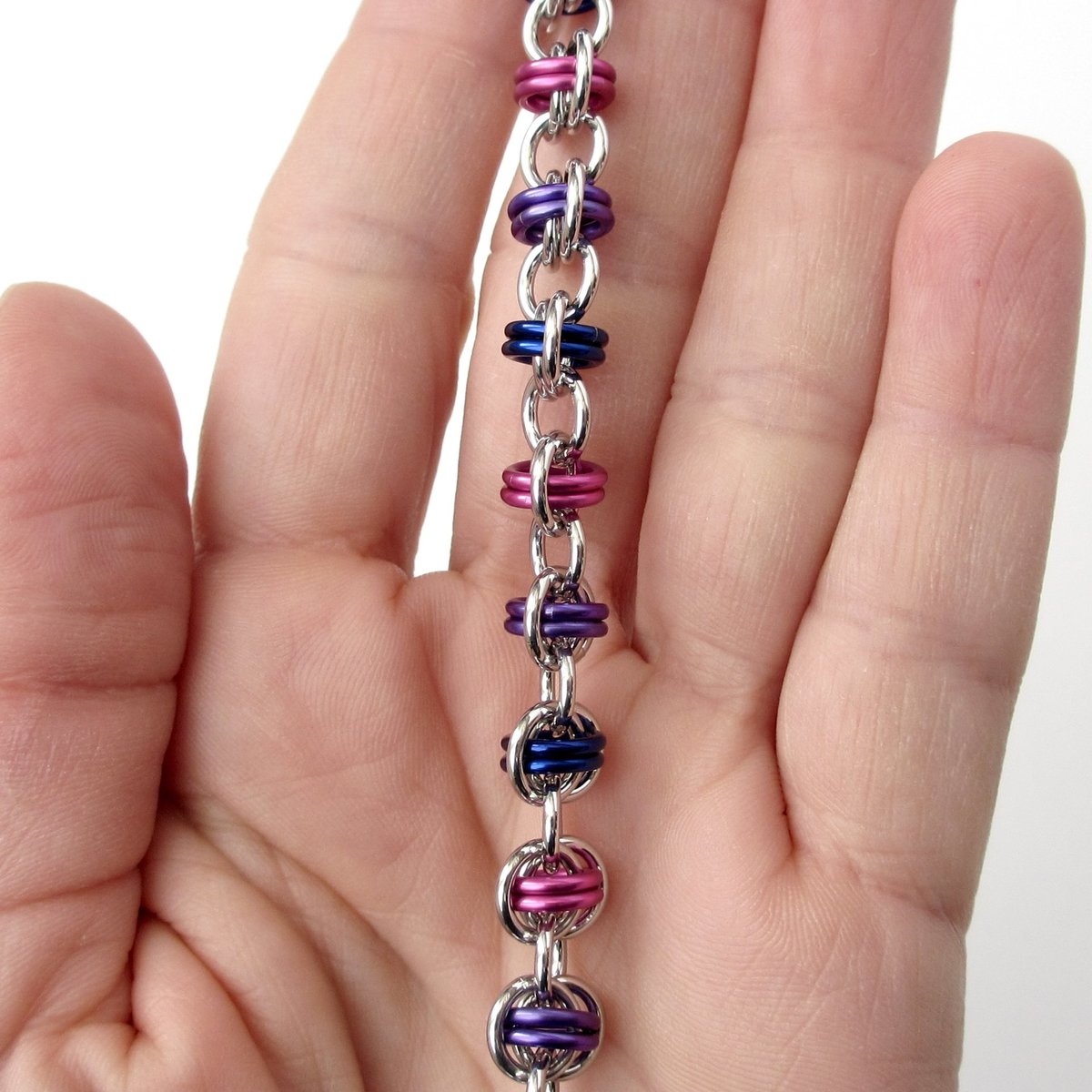 Bi pride bracelet, chainmaille bracelet, bisexual jewelry, barrel weave chainmaille