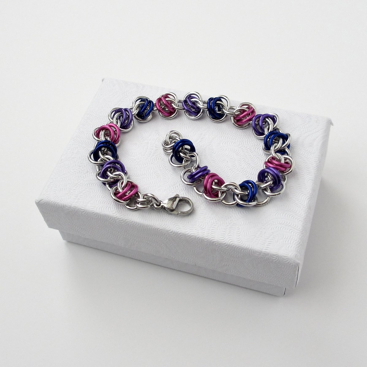 Bi pride bracelet, chainmaille bracelet, bisexual jewelry, barrel weave chainmaille