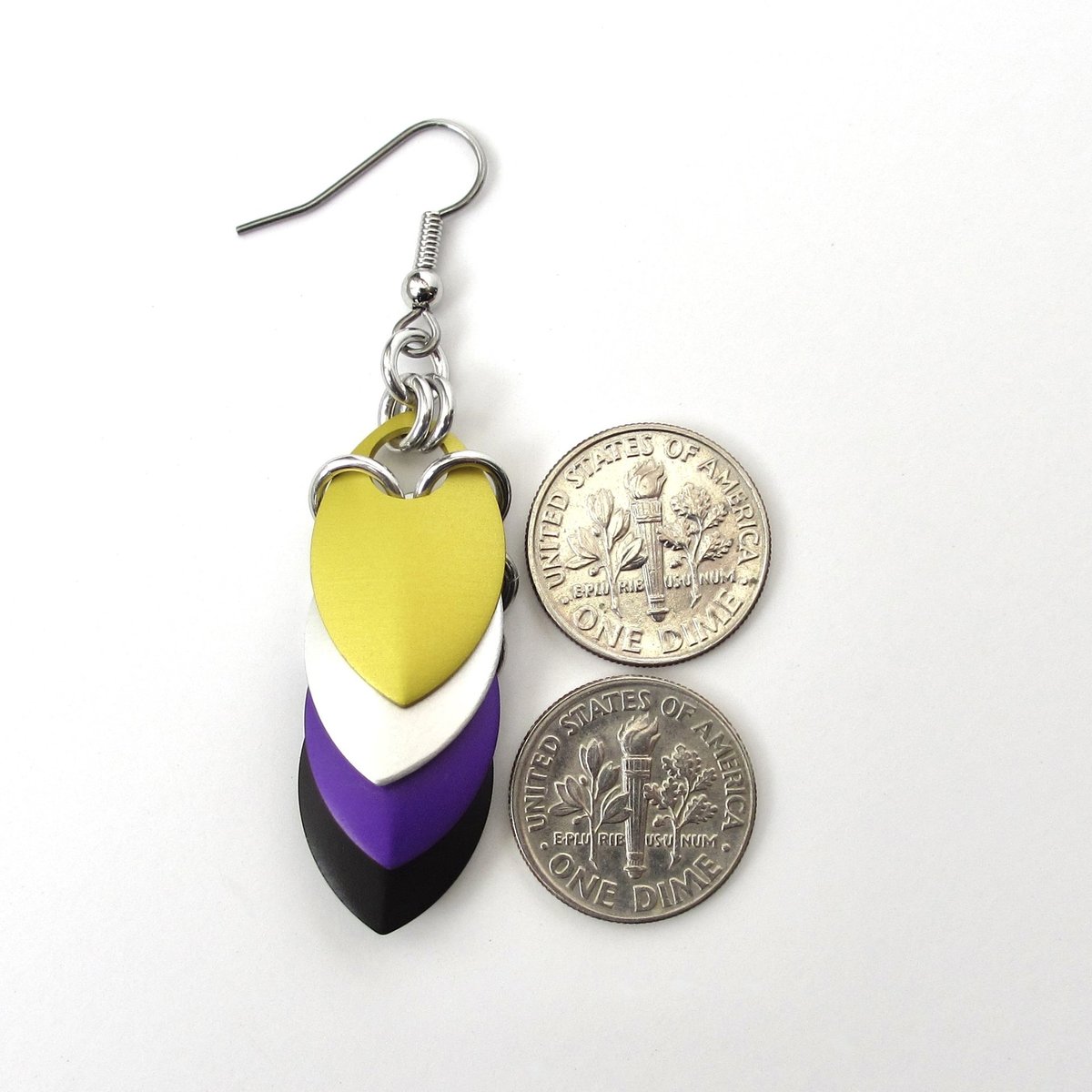 Nonbinary pride earrings, chainmail scales earrings, nonbinary pride jewelry; yellow white purple black