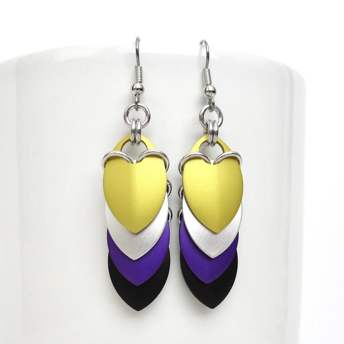 Nonbinary pride earrings, chainmail scales earrings, nonbinary pride jewelry; yellow white purple black