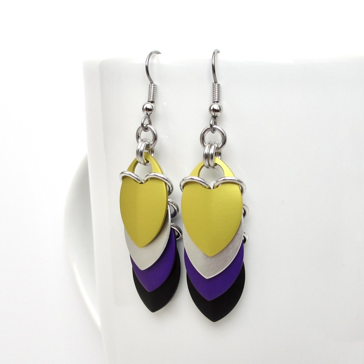 Nonbinary pride earrings, chainmail scales earrings, nonbinary pride jewelry; yellow white purple black