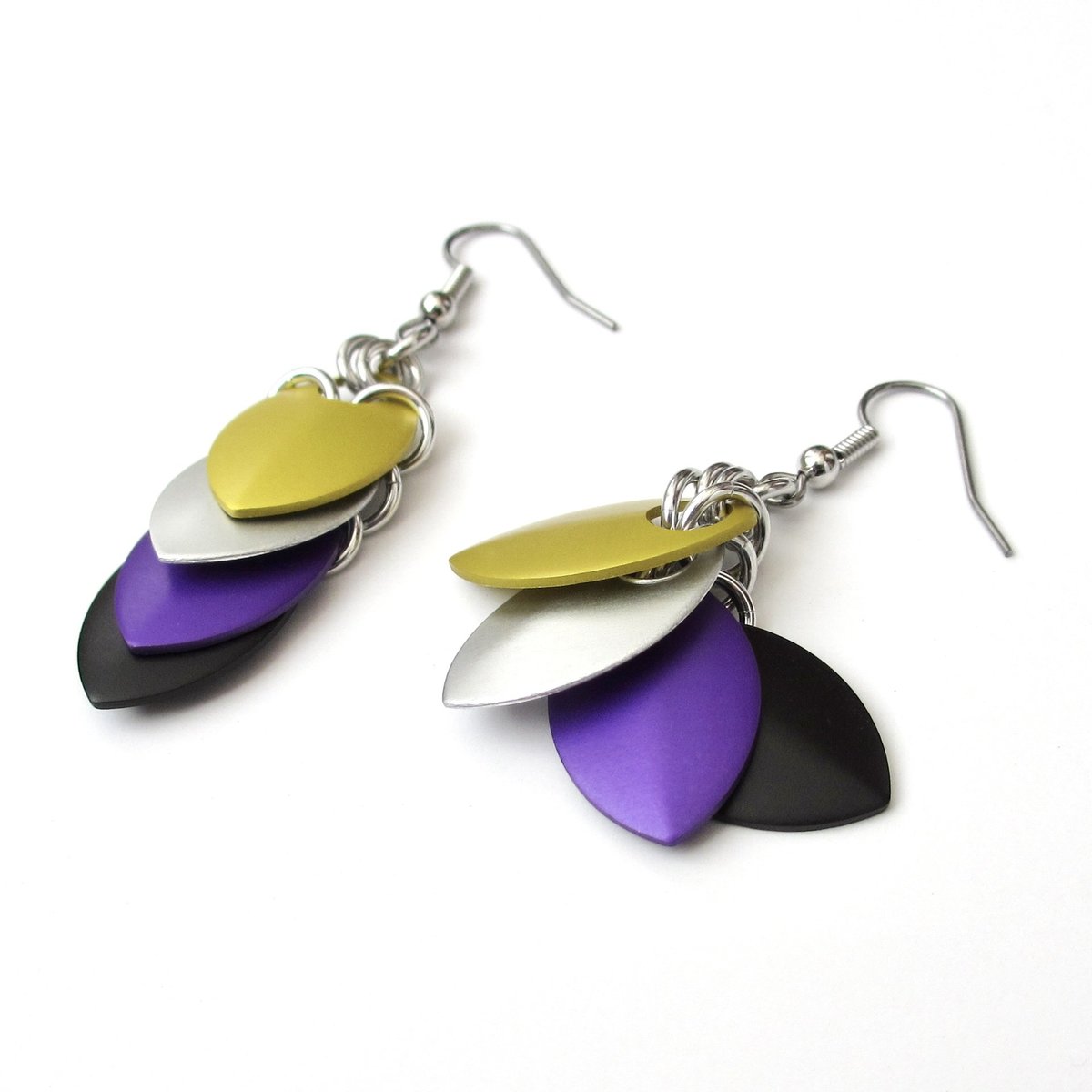 Nonbinary pride earrings, chainmail scales earrings, nonbinary pride jewelry; yellow white purple black