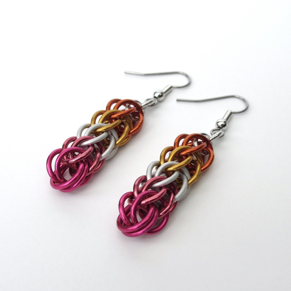 Lesbian pride earrings, LGBTQ chainmail full Persian weave jewelry; orange, white, pink