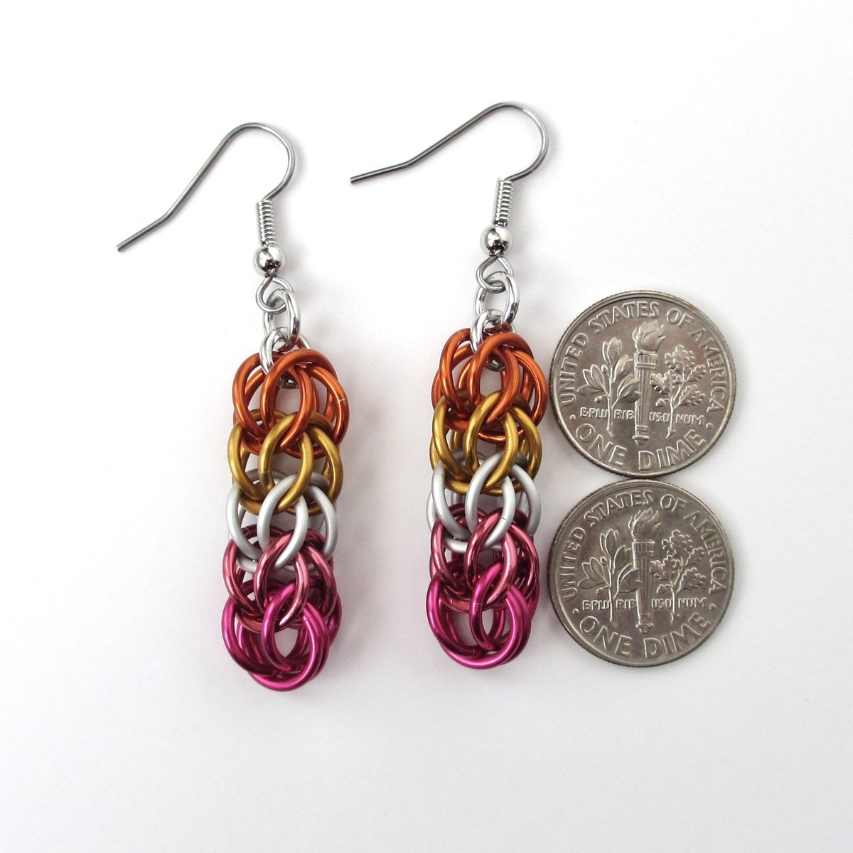 Lesbian pride earrings, LGBTQ chainmail full Persian weave jewelry; orange, white, pink