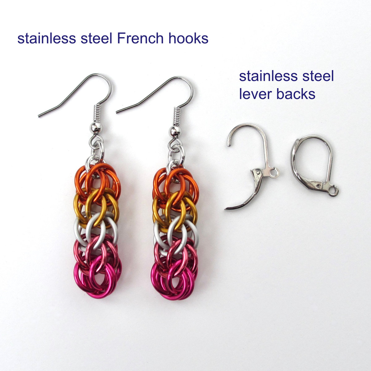 Lesbian pride earrings, LGBTQ chainmail full Persian weave jewelry; orange, white, pink