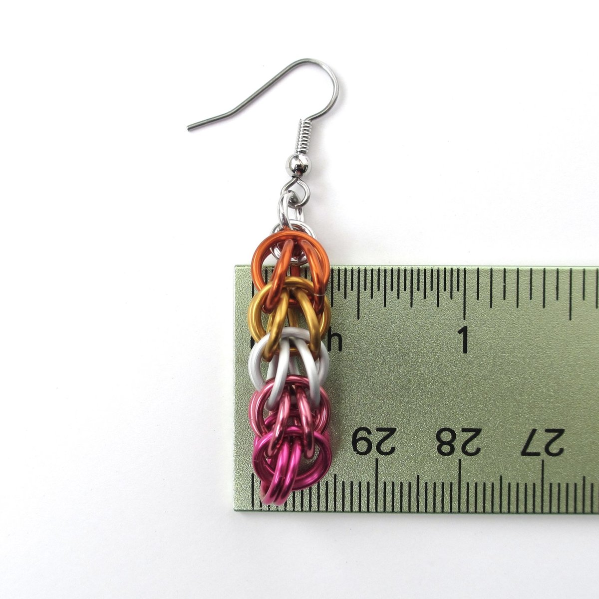 Lesbian pride earrings, LGBTQ chainmail full Persian weave jewelry; orange, white, pink