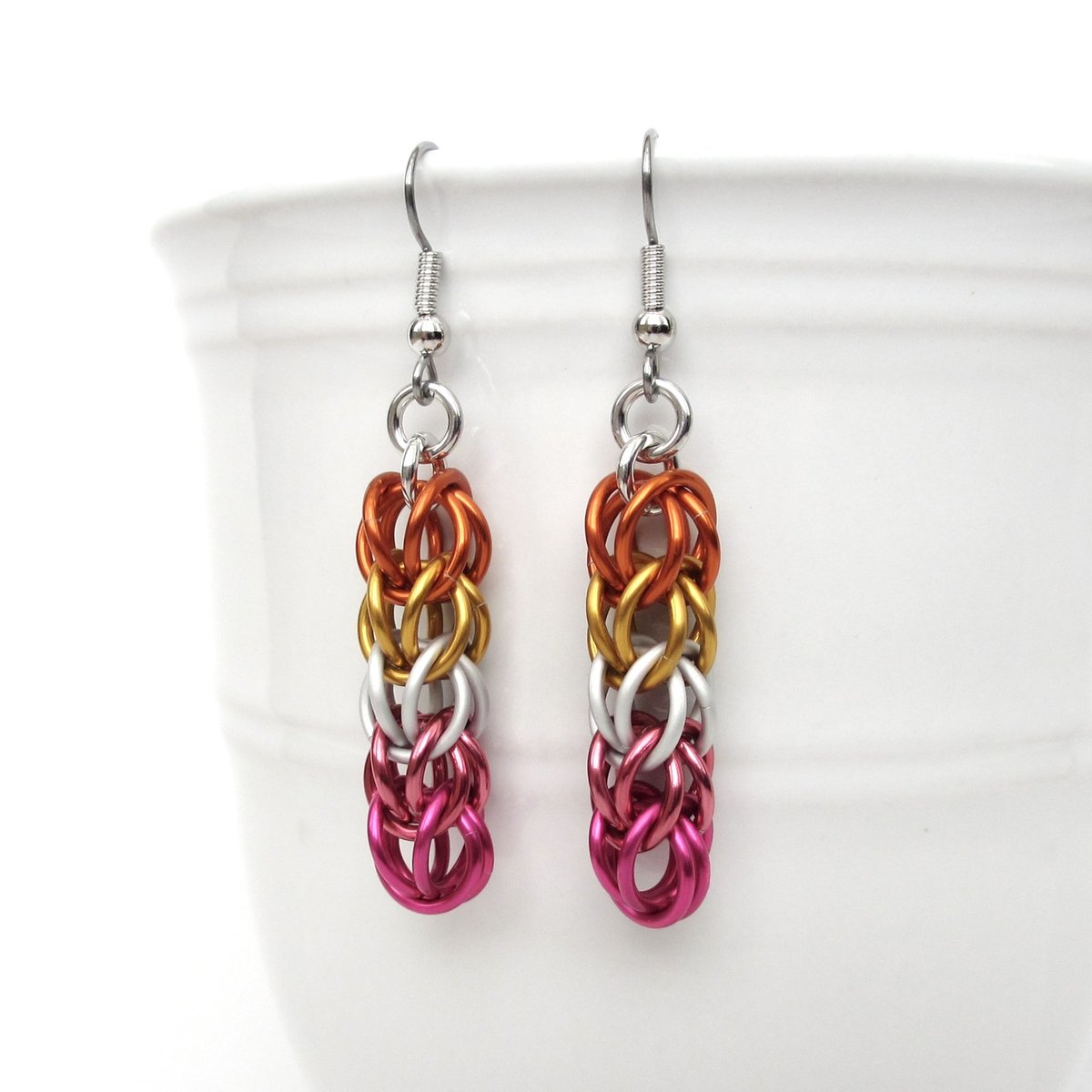 Lesbian pride earrings, LGBTQ chainmail full Persian weave jewelry; orange, white, pink