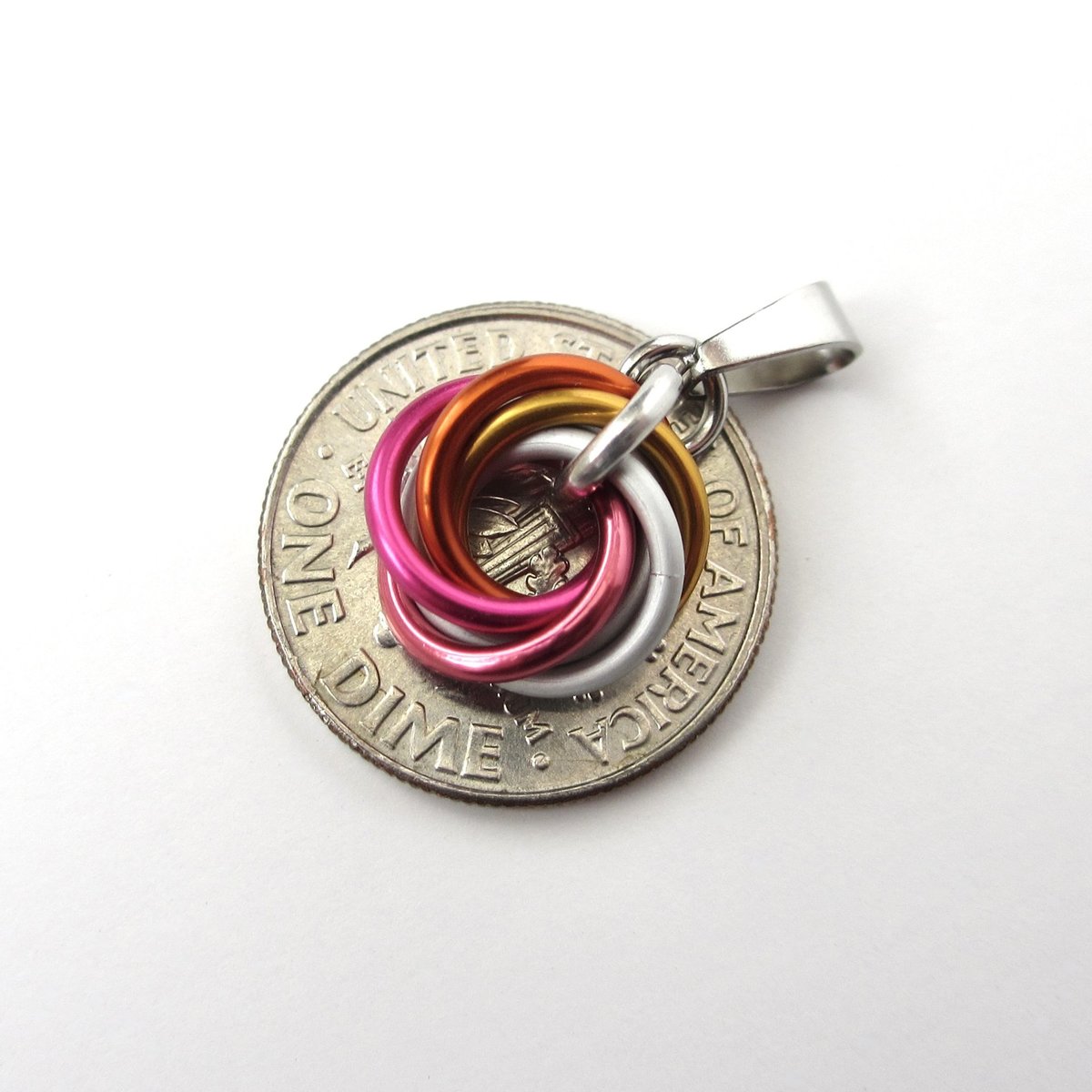 Tiny lesbian pride pendant, chainmail love knot charm, subtle, discreet LGBTQ jewelry