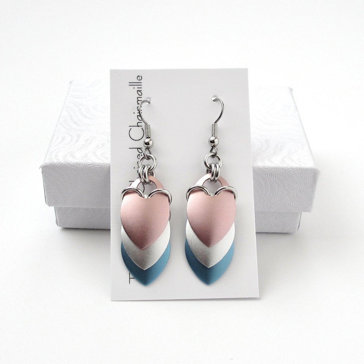 Transgender pride earrings, trans pride jewelry, chainmail scales earrings; pink white blue