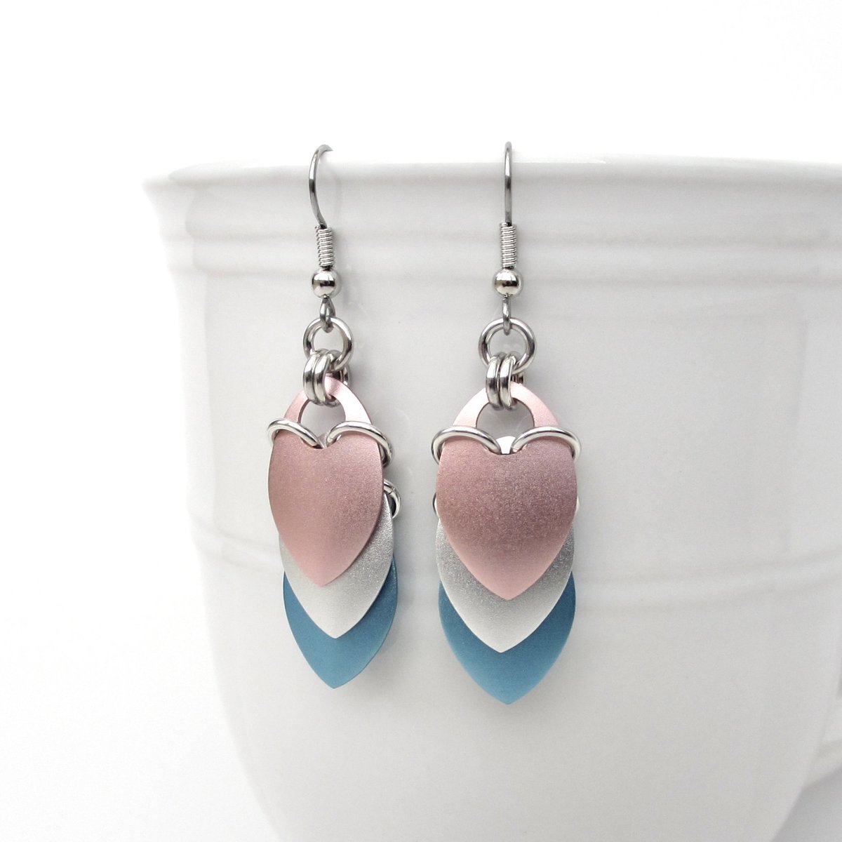 Transgender pride earrings, trans pride jewelry, chainmail scales earrings; pink white blue