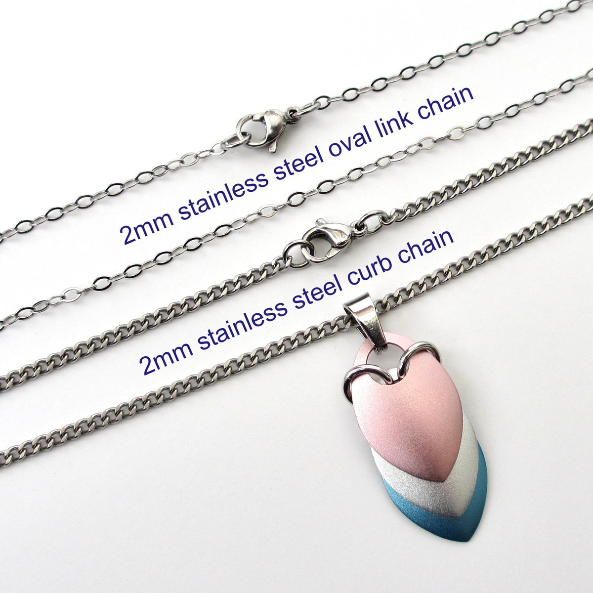 Transgender pride pendant necklace, chainmail scale pendant, trans pride jewelry, pink, white, light blue