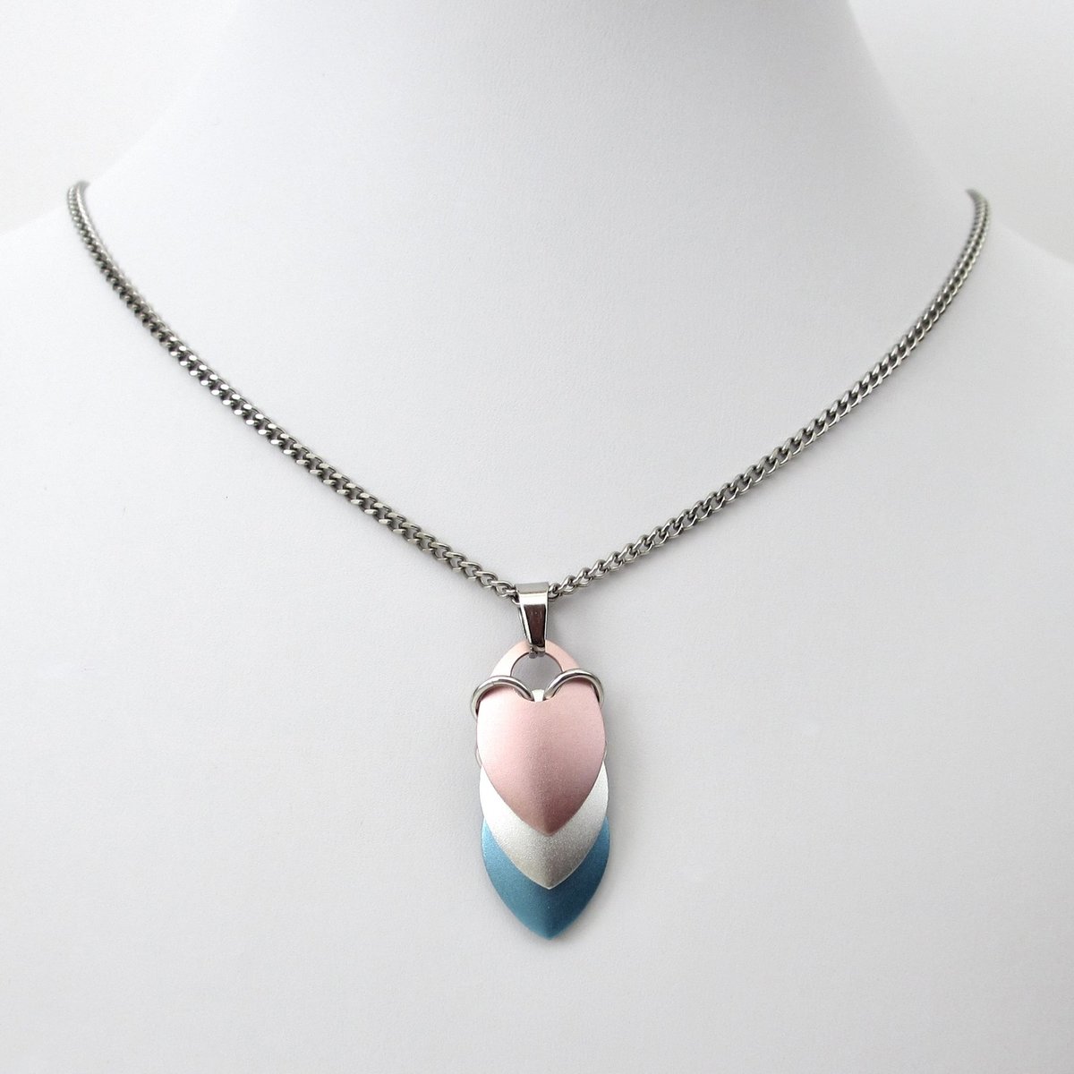 Transgender pride pendant necklace, chainmail scale pendant, trans pride jewelry, pink, white, light blue