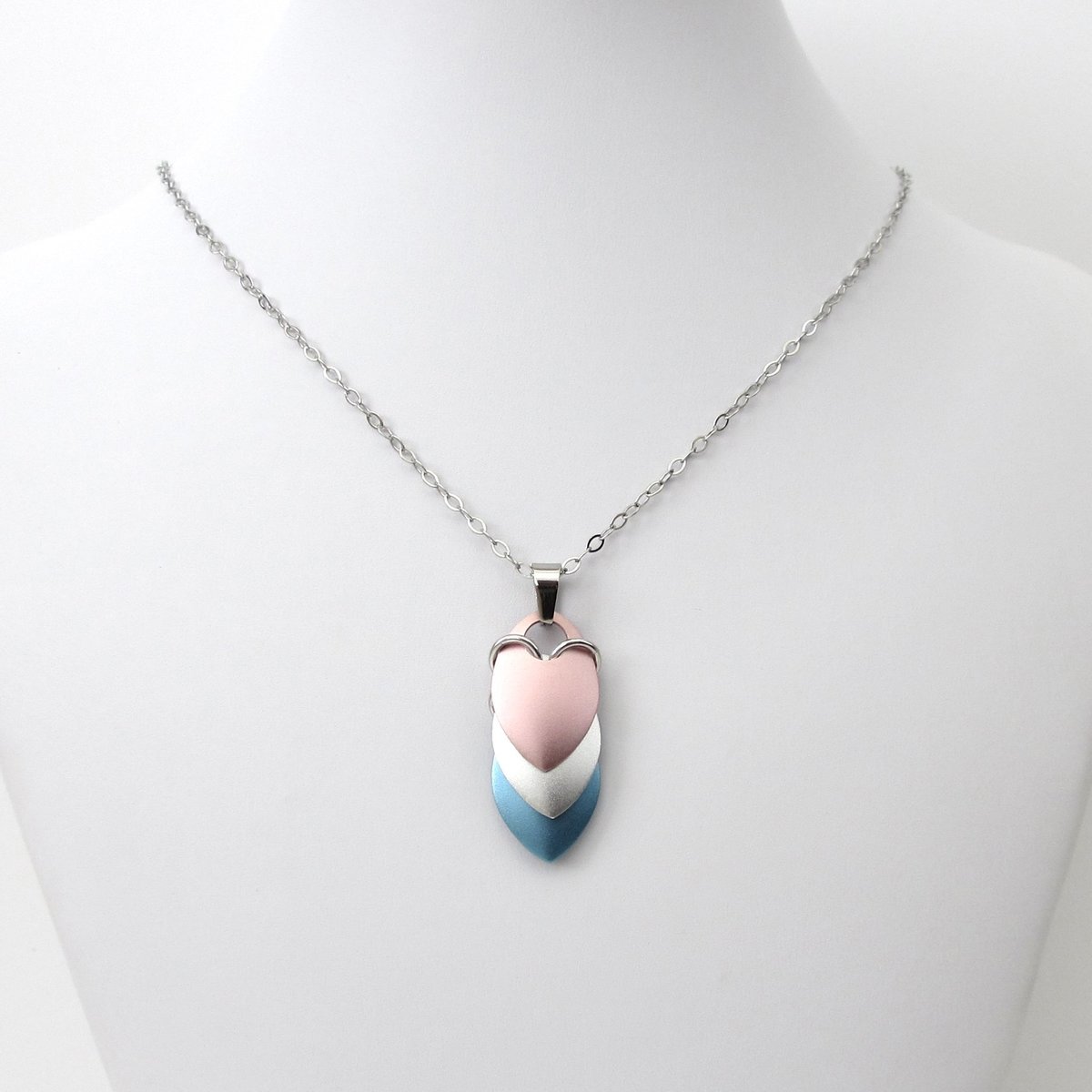 Transgender pride pendant necklace, chainmail scale pendant, trans pride jewelry, pink, white, light blue