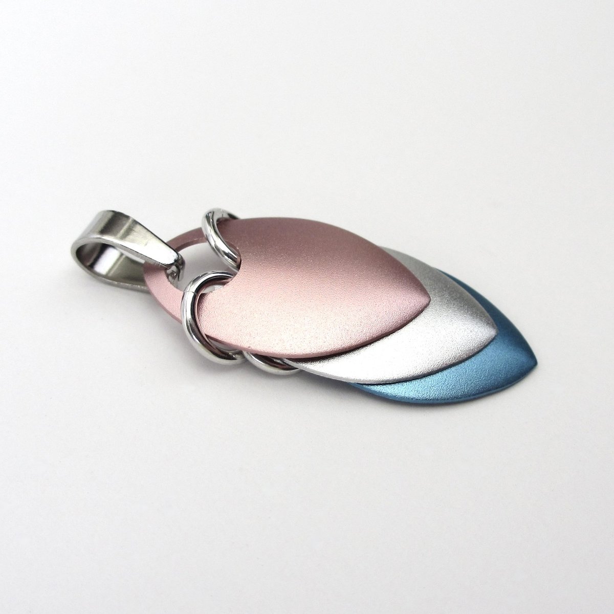 Transgender pride pendant necklace, chainmail scale pendant, trans pride jewelry, pink, white, light blue