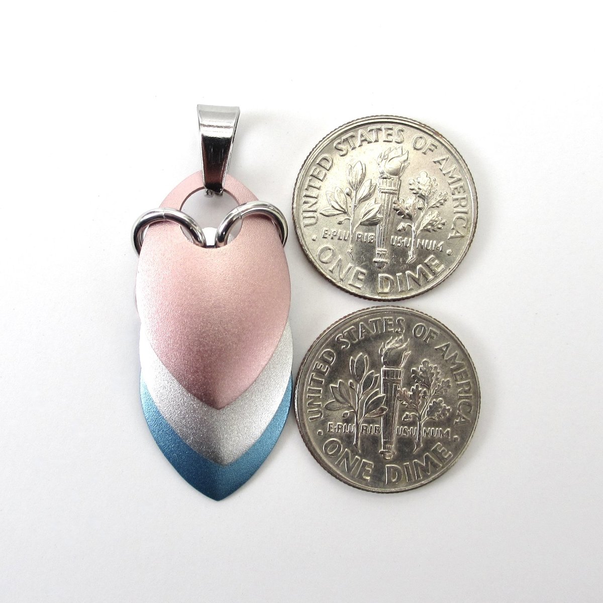 Transgender pride pendant necklace, chainmail scale pendant, trans pride jewelry, pink, white, light blue