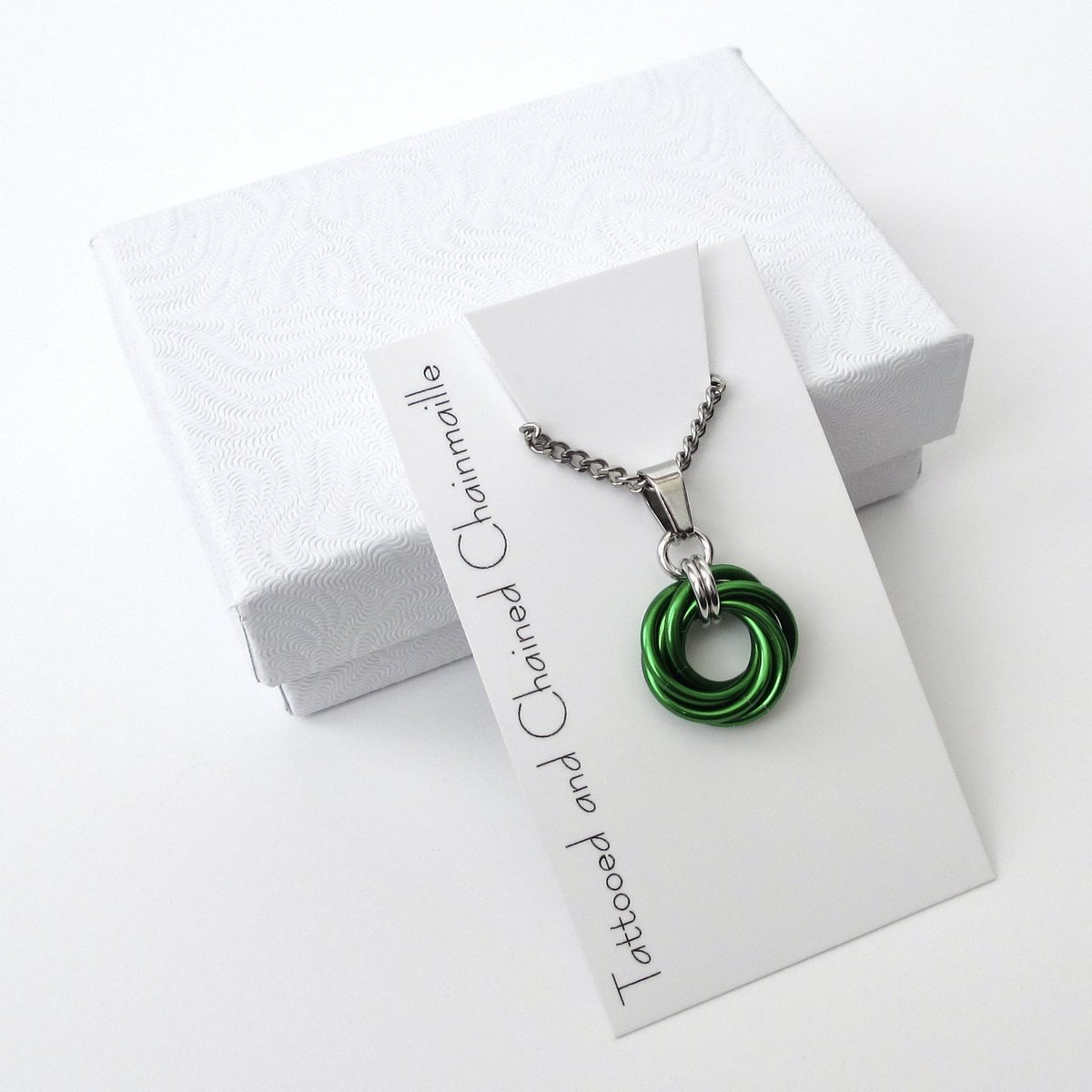 Shamrock green love knot chainmail pendant, small, simple minimalist jewelry for her