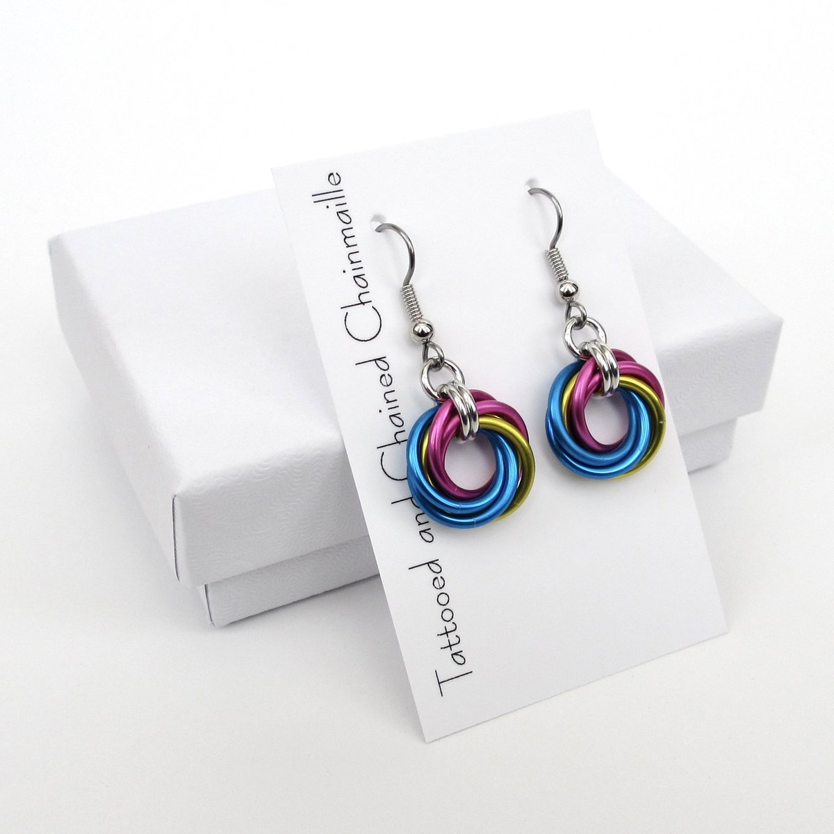 Pansexual pride earrings, love knot chainmail earrings, pan pride jewelry; pink, yellow, light blue
