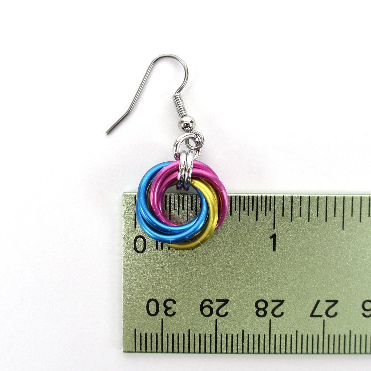 Pansexual pride earrings, love knot chainmail earrings, pan pride jewelry; pink, yellow, light blue