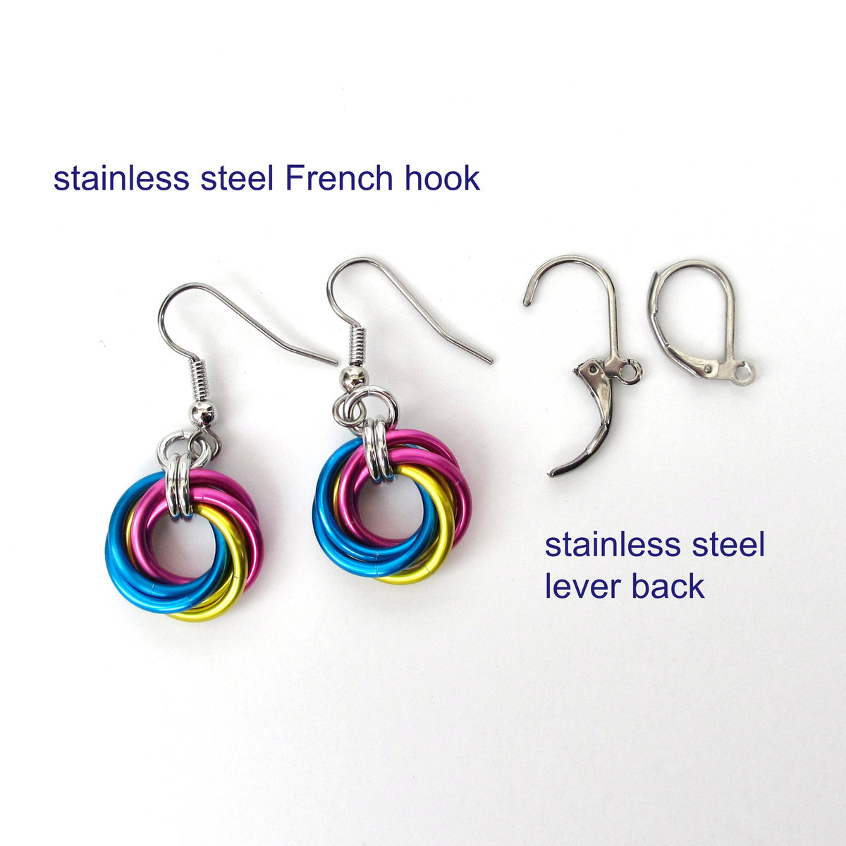 Pansexual pride earrings, love knot chainmail earrings, pan pride jewelry; pink, yellow, light blue