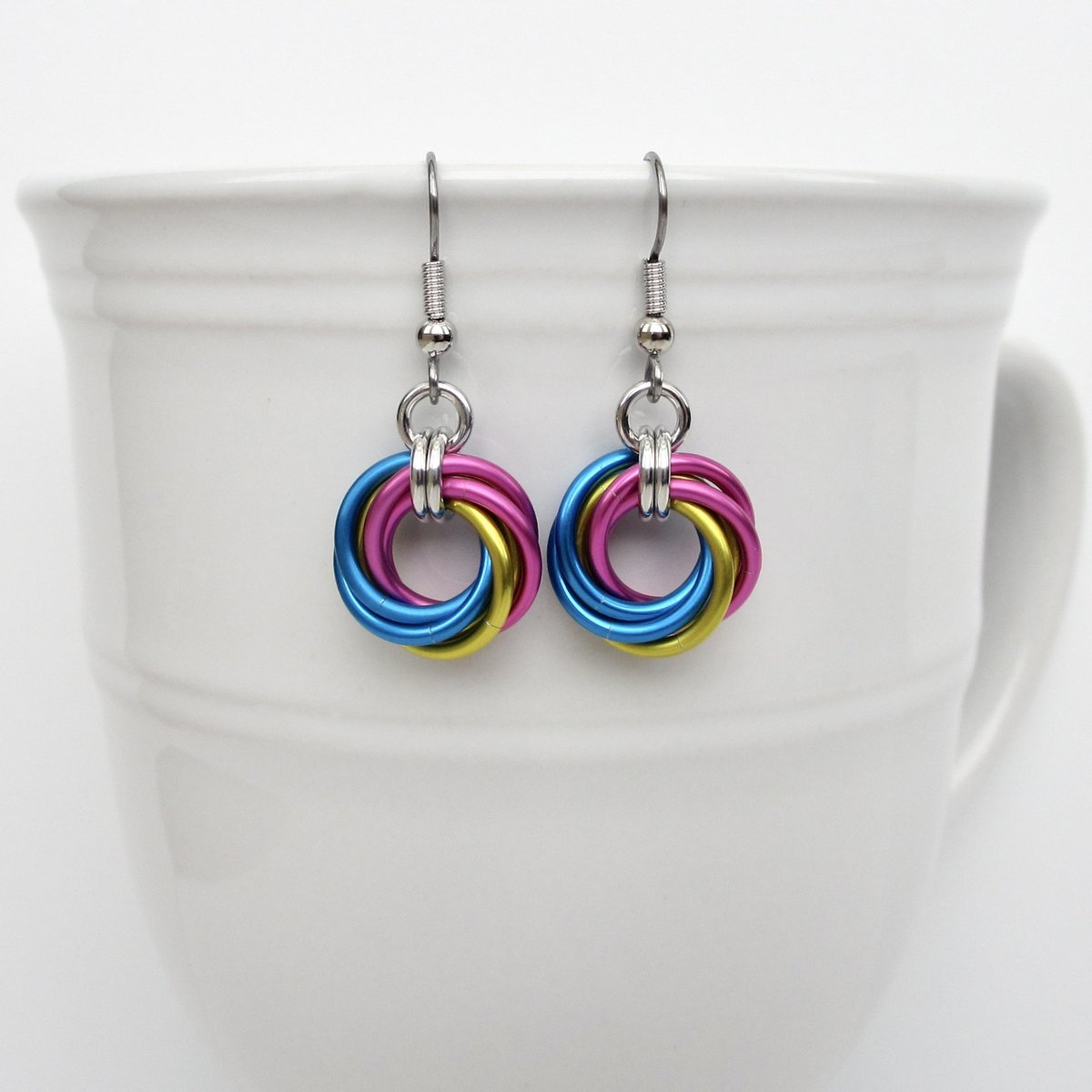 Pansexual pride earrings, love knot chainmail earrings, pan pride jewelry; pink, yellow, light blue