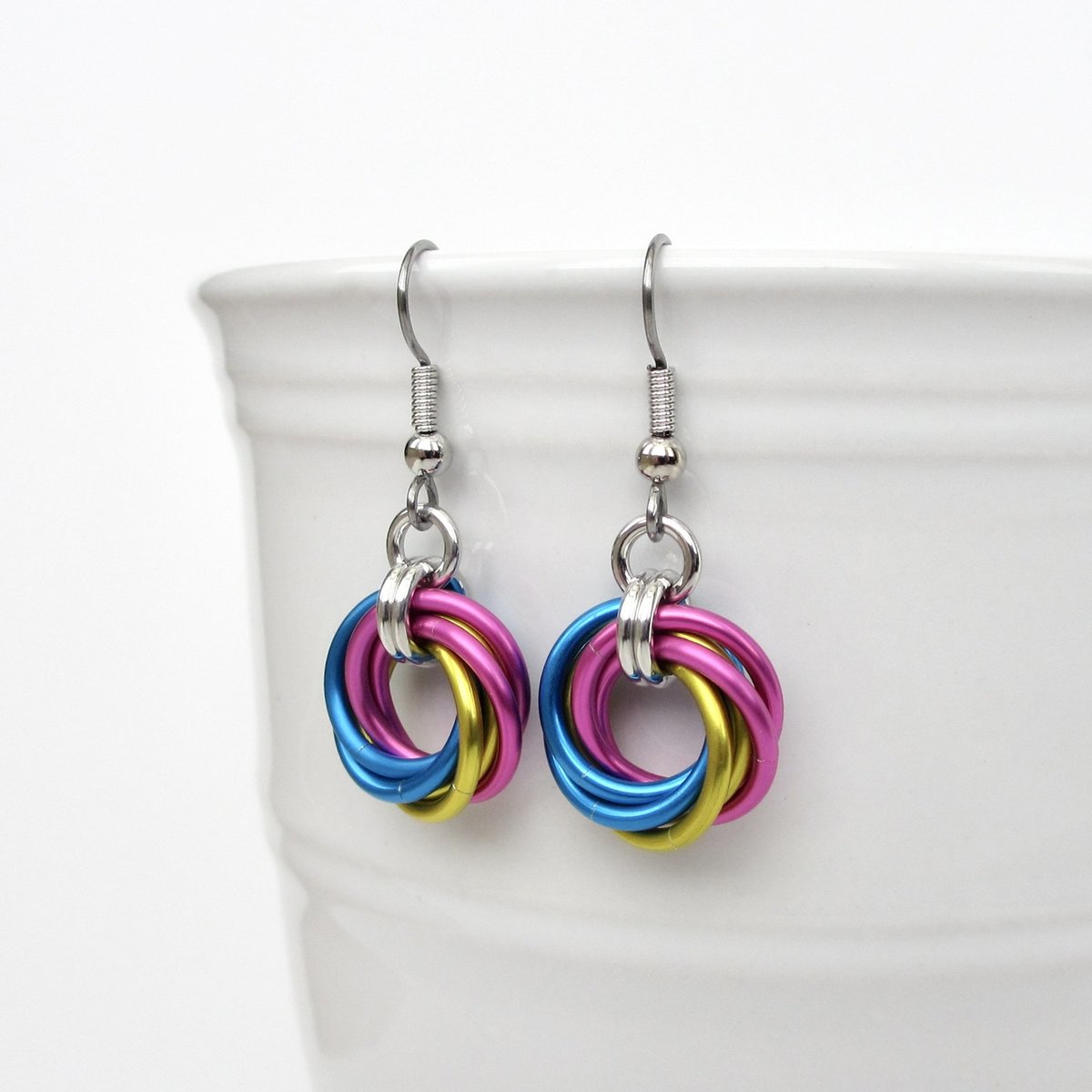 Pansexual pride earrings, love knot chainmail earrings, pan pride jewelry; pink, yellow, light blue