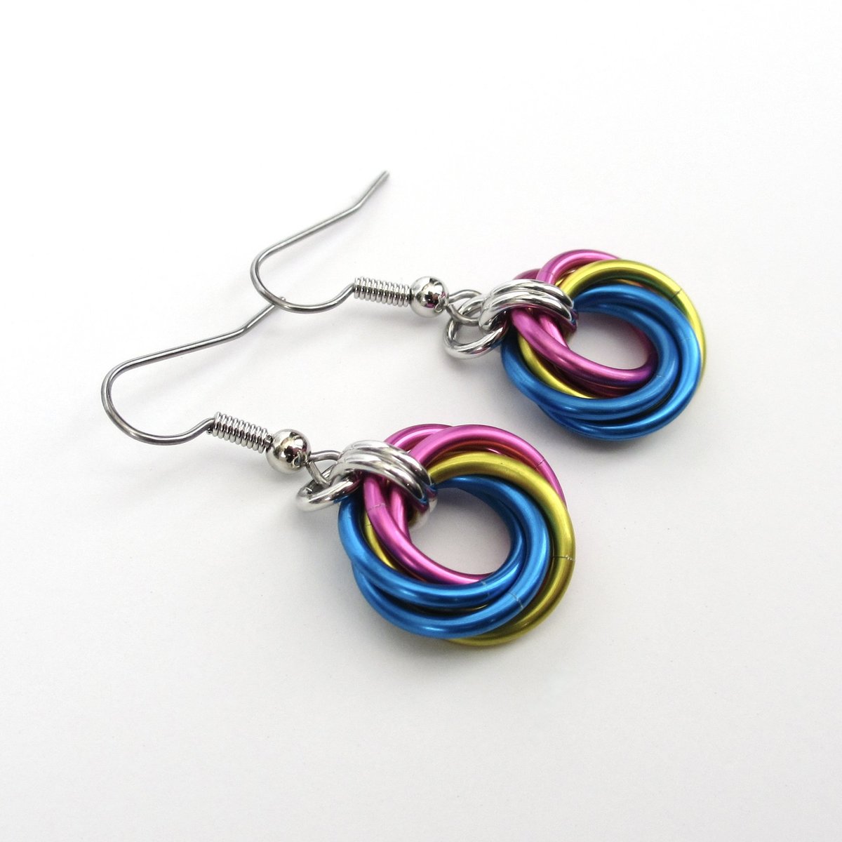 Pansexual pride earrings, love knot chainmail earrings, pan pride jewelry; pink, yellow, light blue
