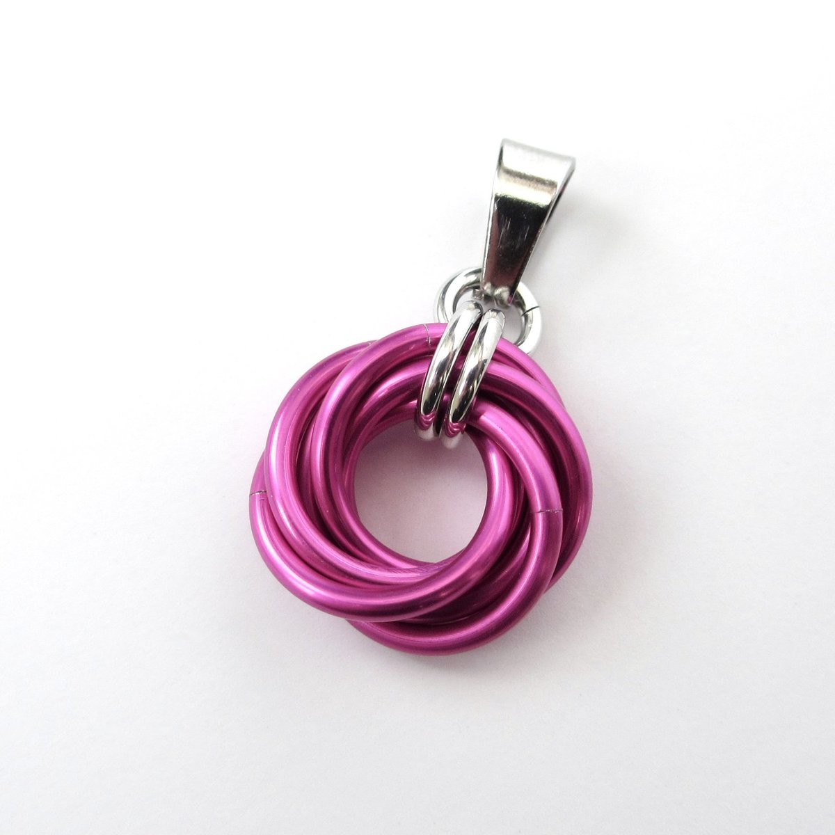Hot pink pendant necklace, chainmail love knot, dainty pendant, circle pendant, chainmail jewelry