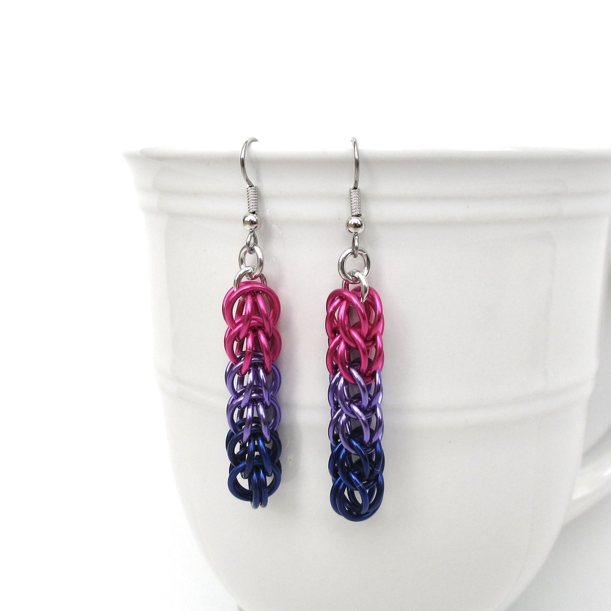 Bisexual pride earrings, bi pride jewelry, chainmail earrings, full Persian chainmail weave; pink, purple, blue