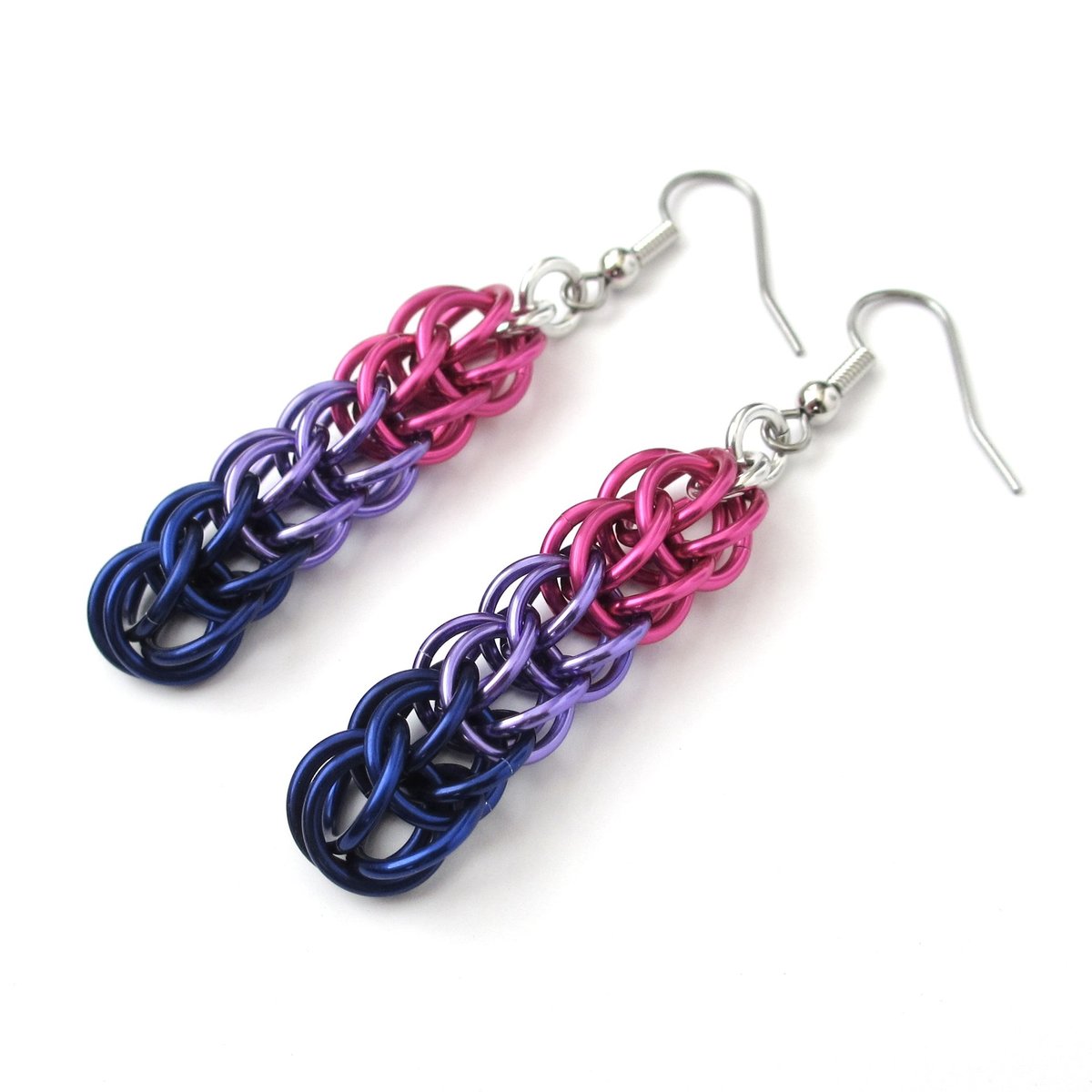 Bisexual pride earrings, bi pride jewelry, chainmail earrings, full Persian chainmail weave; pink, purple, blue