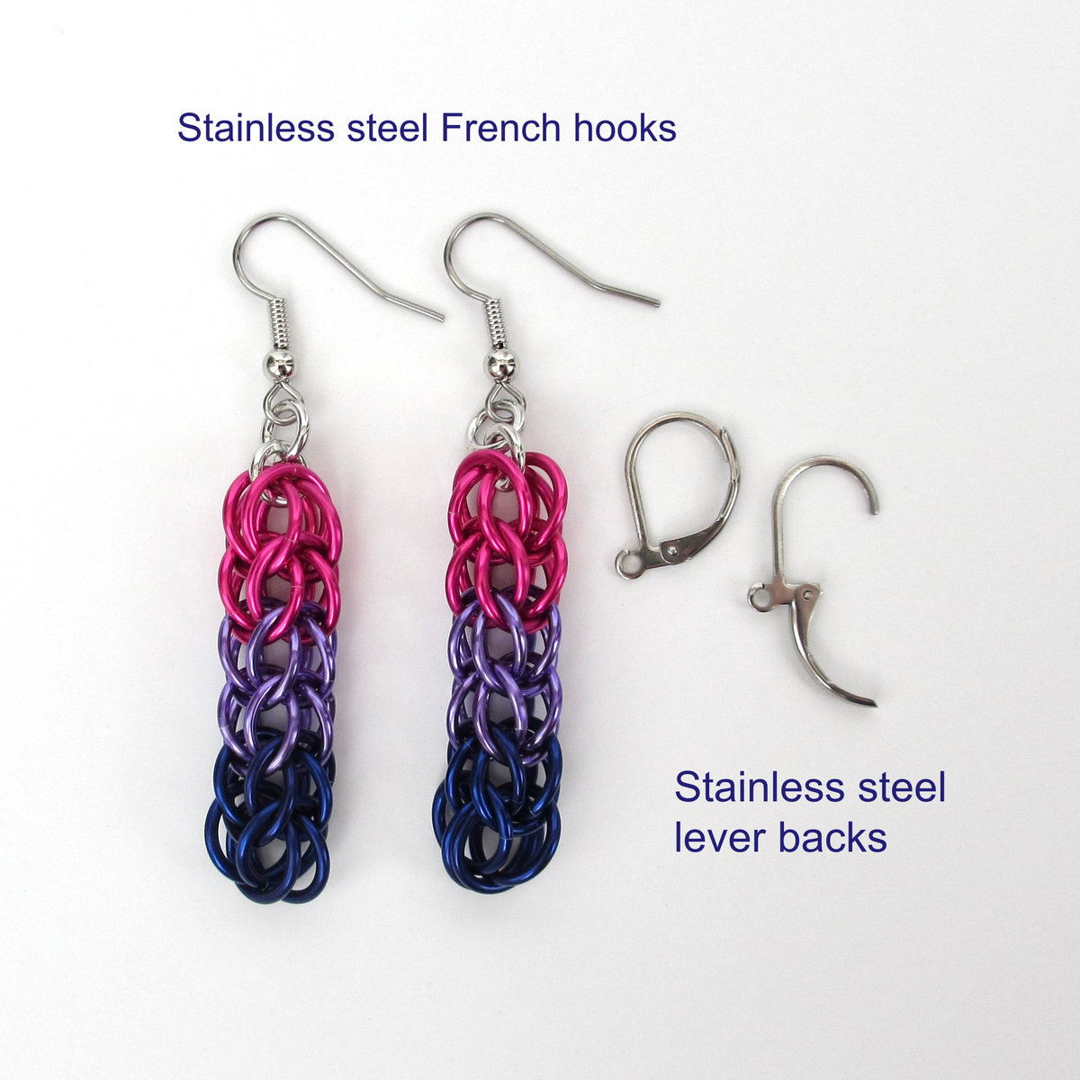 Bisexual pride earrings, bi pride jewelry, chainmail earrings, full Persian chainmail weave; pink, purple, blue