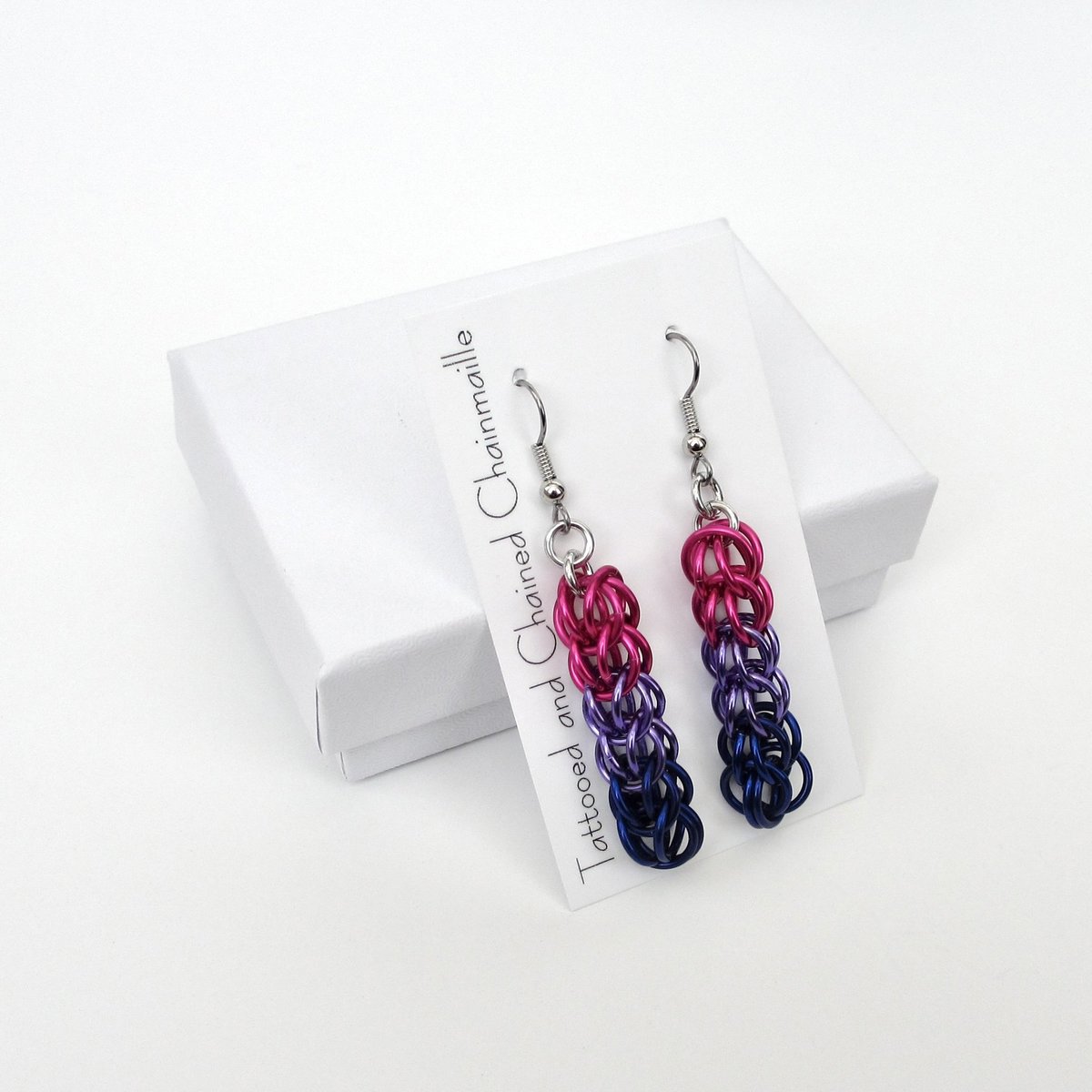 Bisexual pride earrings, bi pride jewelry, chainmail earrings, full Persian chainmail weave; pink, purple, blue