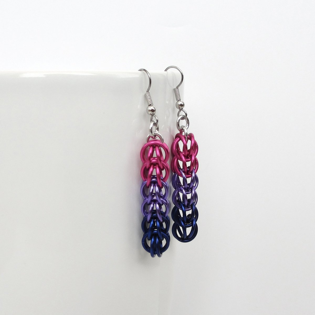 Bisexual pride earrings, bi pride jewelry, chainmail earrings, full Persian chainmail weave; pink, purple, blue