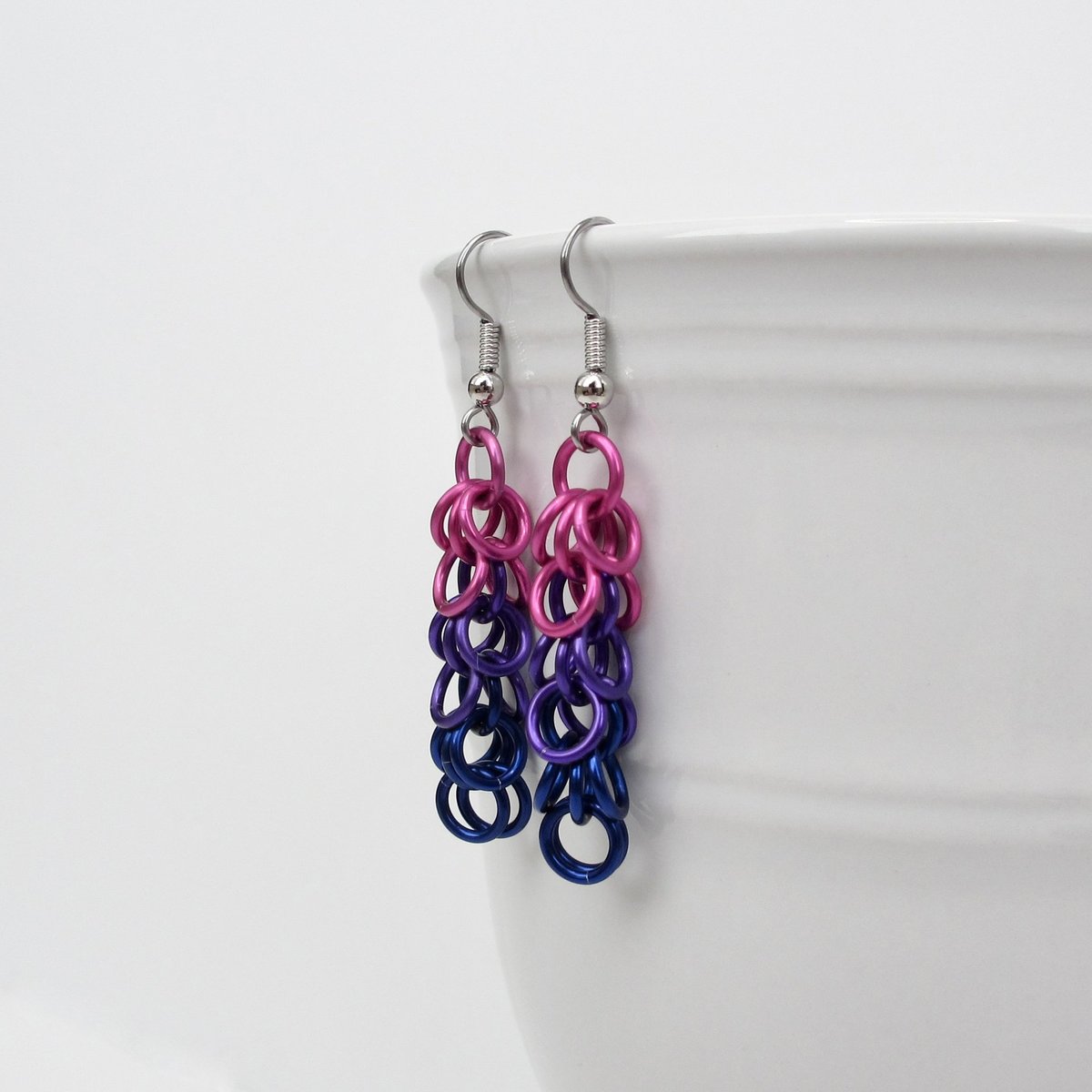 Bi pride chainmaille shaggy loops earrings, bisexual pride jewelry