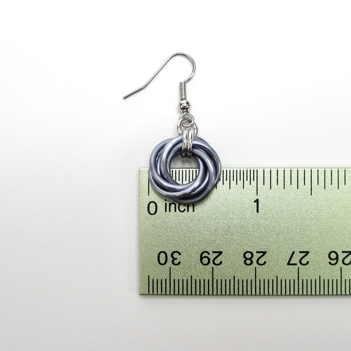Gray love knot chainmaille earrings, small circles, handmade minimalist jewelry