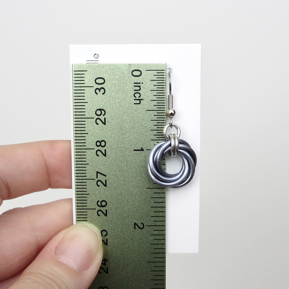 Gray love knot chainmaille earrings, small circles, handmade minimalist jewelry