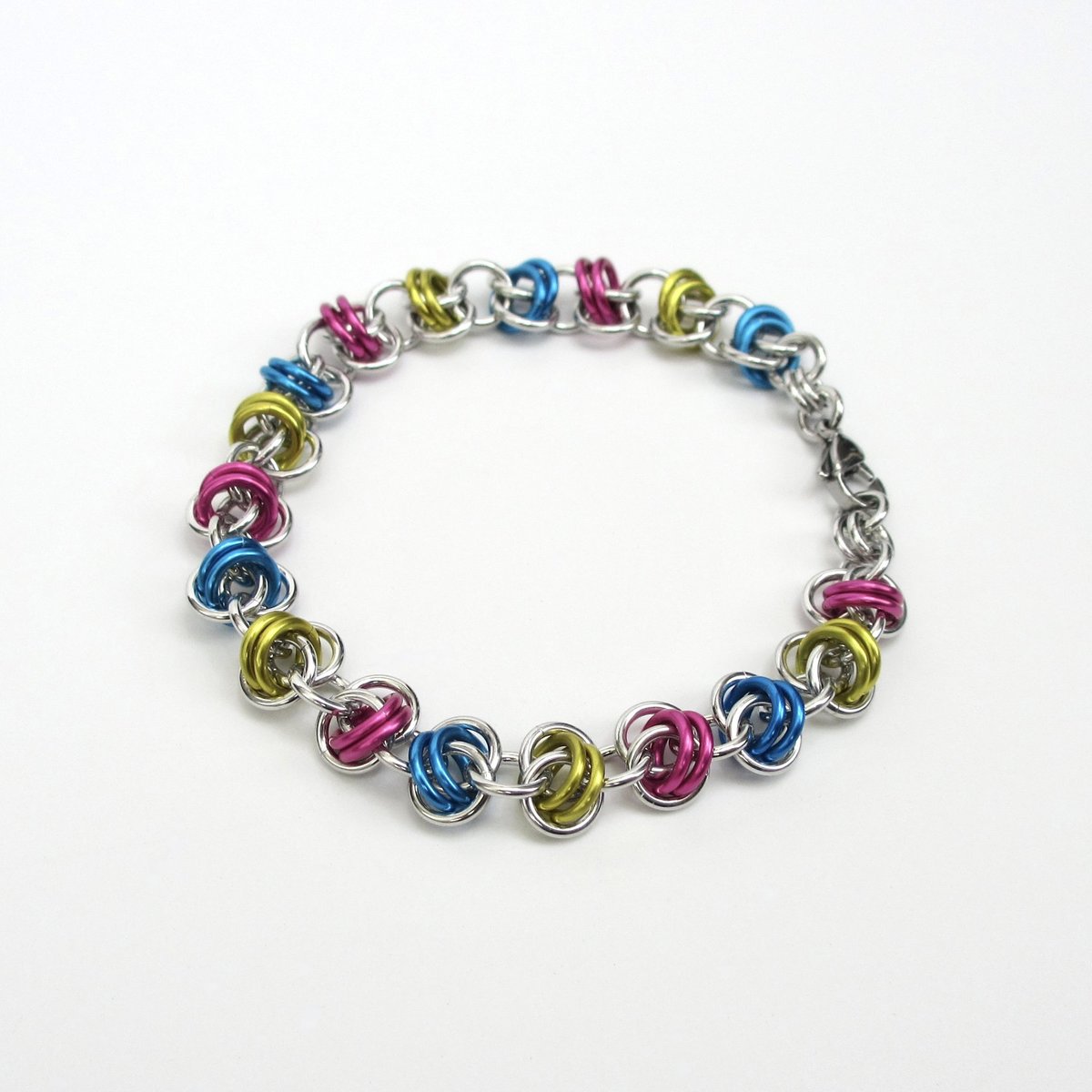 Pansexual pride bracelet, chainmaille bracelet, pan pride jewelry, barrel weave chainmaille