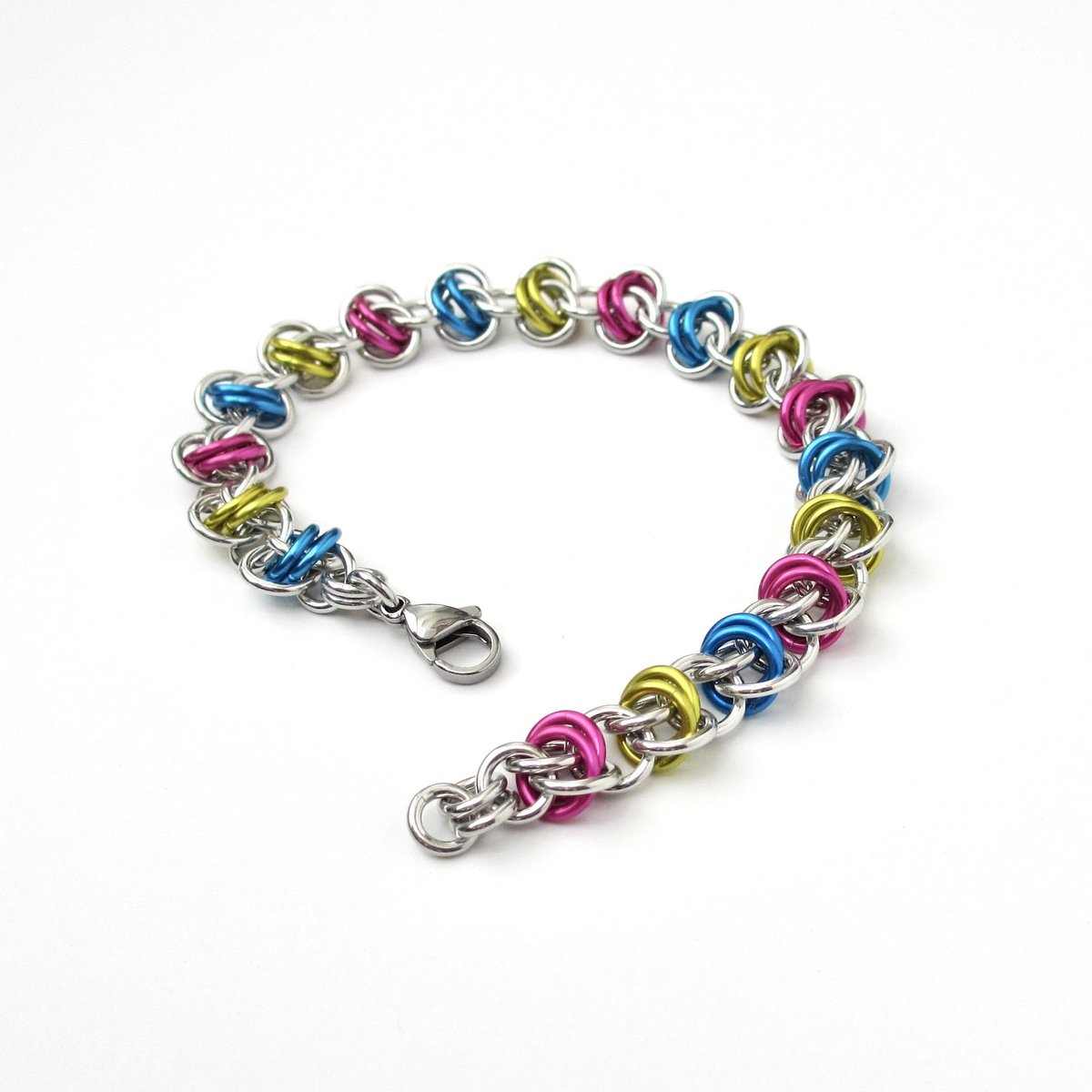 Pansexual pride bracelet, chainmaille bracelet, pan pride jewelry, barrel weave chainmaille