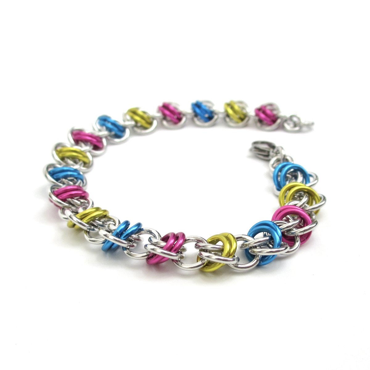 Pansexual pride bracelet, chainmaille bracelet, pan pride jewelry, barrel weave chainmaille