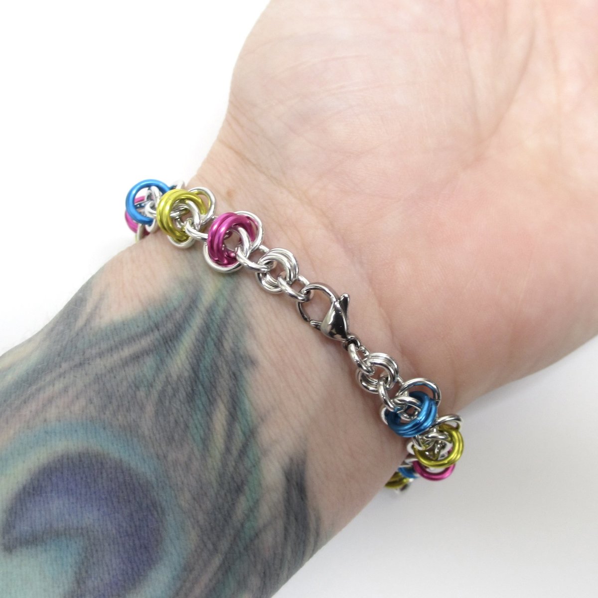 Pansexual pride bracelet, chainmaille bracelet, pan pride jewelry, barrel weave chainmaille