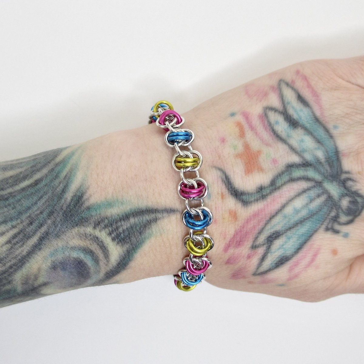 Pansexual pride bracelet, chainmaille bracelet, pan pride jewelry, barrel weave chainmaille