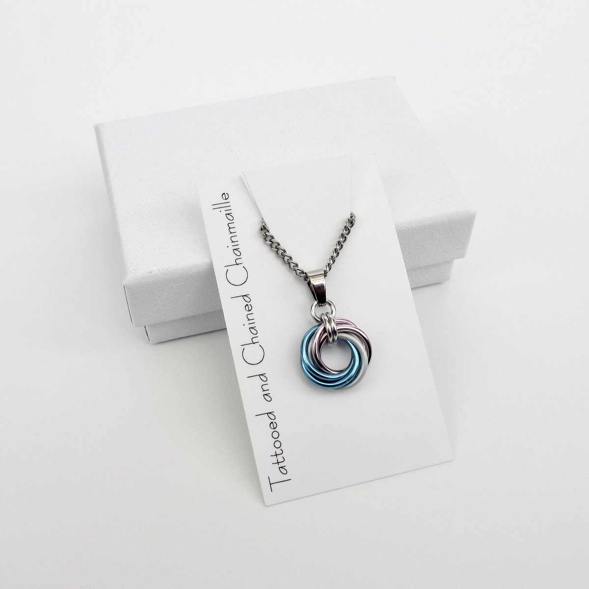 Transgender pride pendant necklace, chainmail love knot, trans pride jewelry, pink white blue