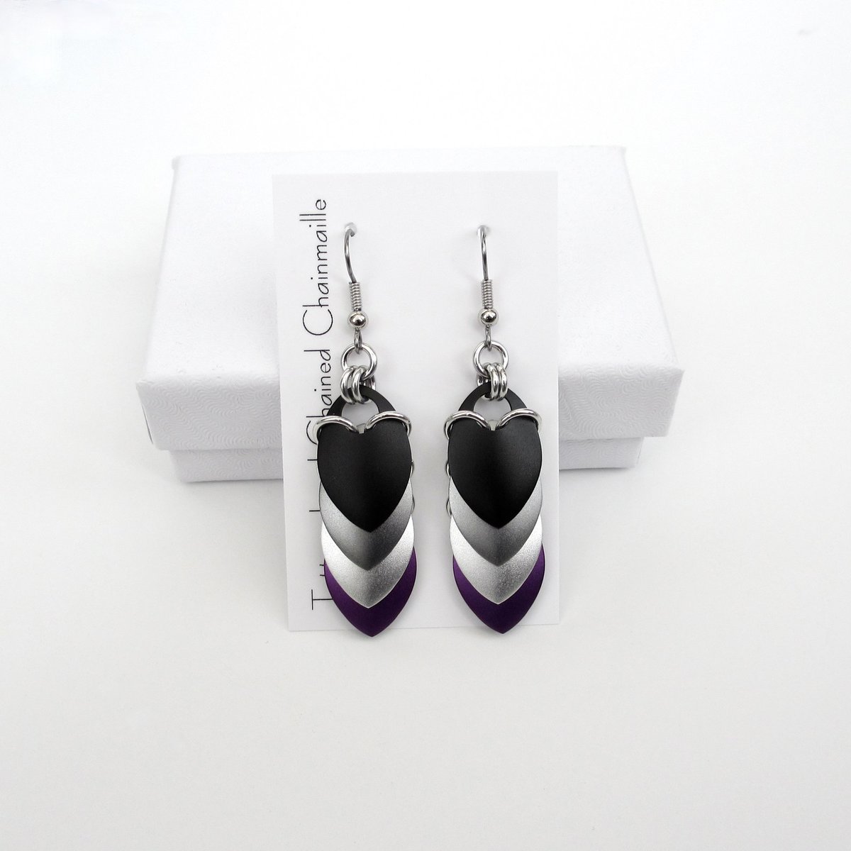 Handmade asexual pride earrings, chainmail scales jewelry, ace flag colors; black gray white purple