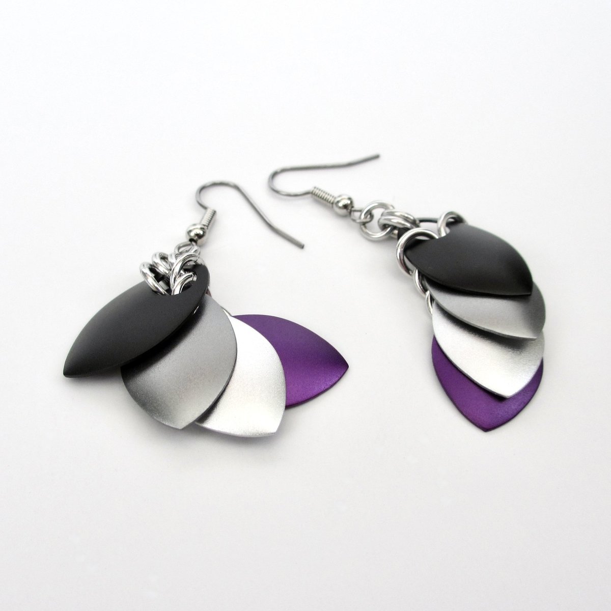 Handmade asexual pride earrings, chainmail scales jewelry, ace flag colors; black gray white purple