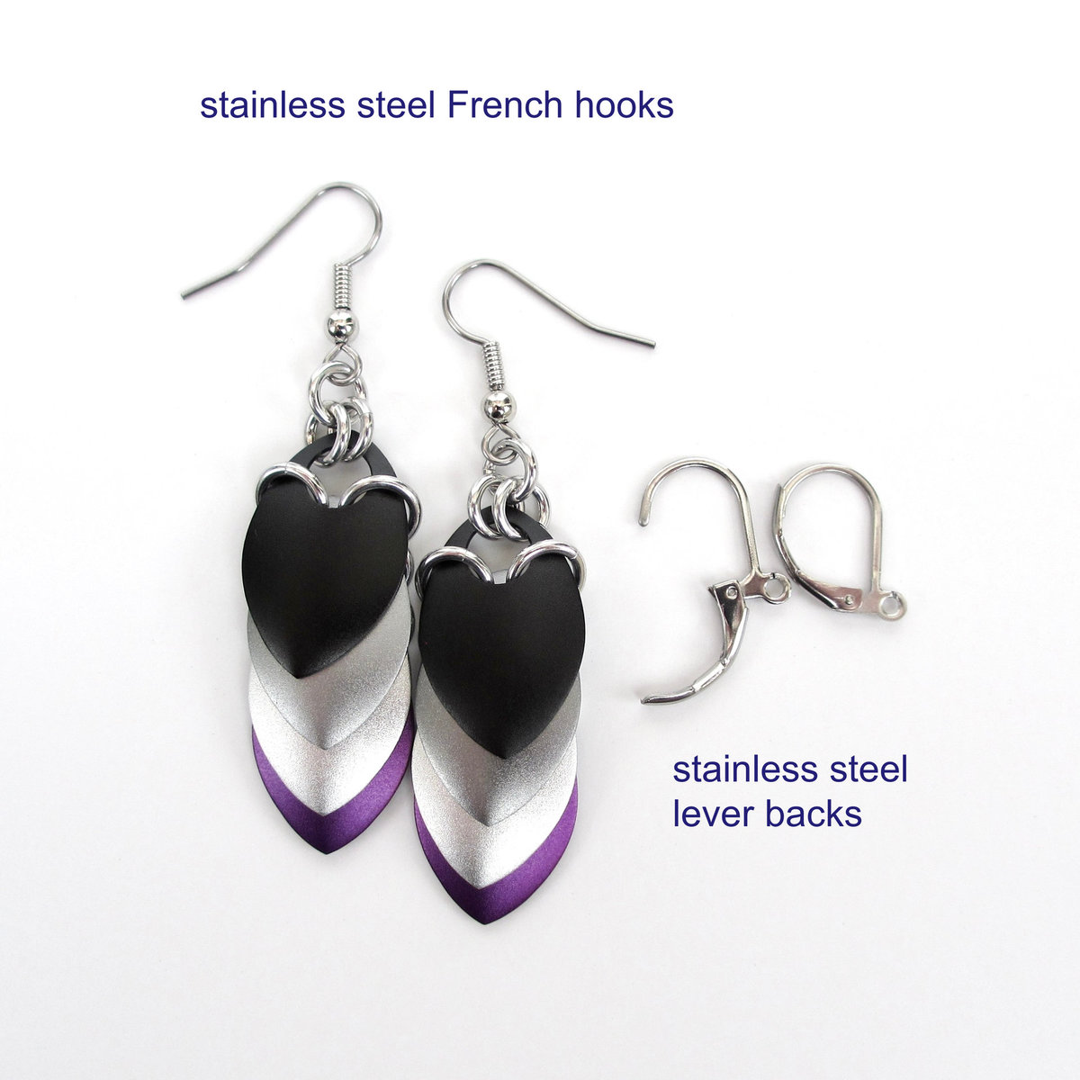 Handmade asexual pride earrings, chainmail scales jewelry, ace flag colors; black gray white purple