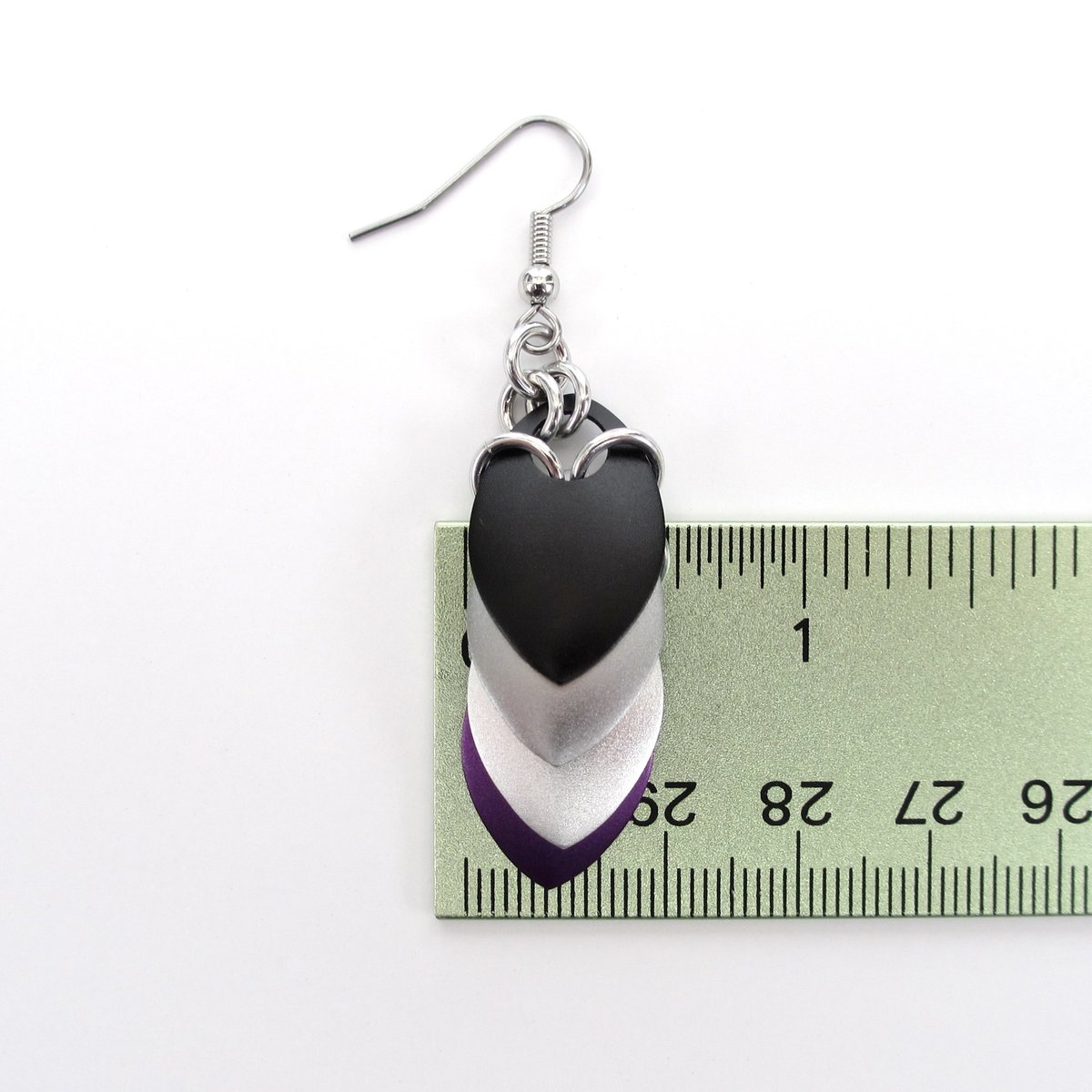 Handmade asexual pride earrings, chainmail scales jewelry, ace flag colors; black gray white purple