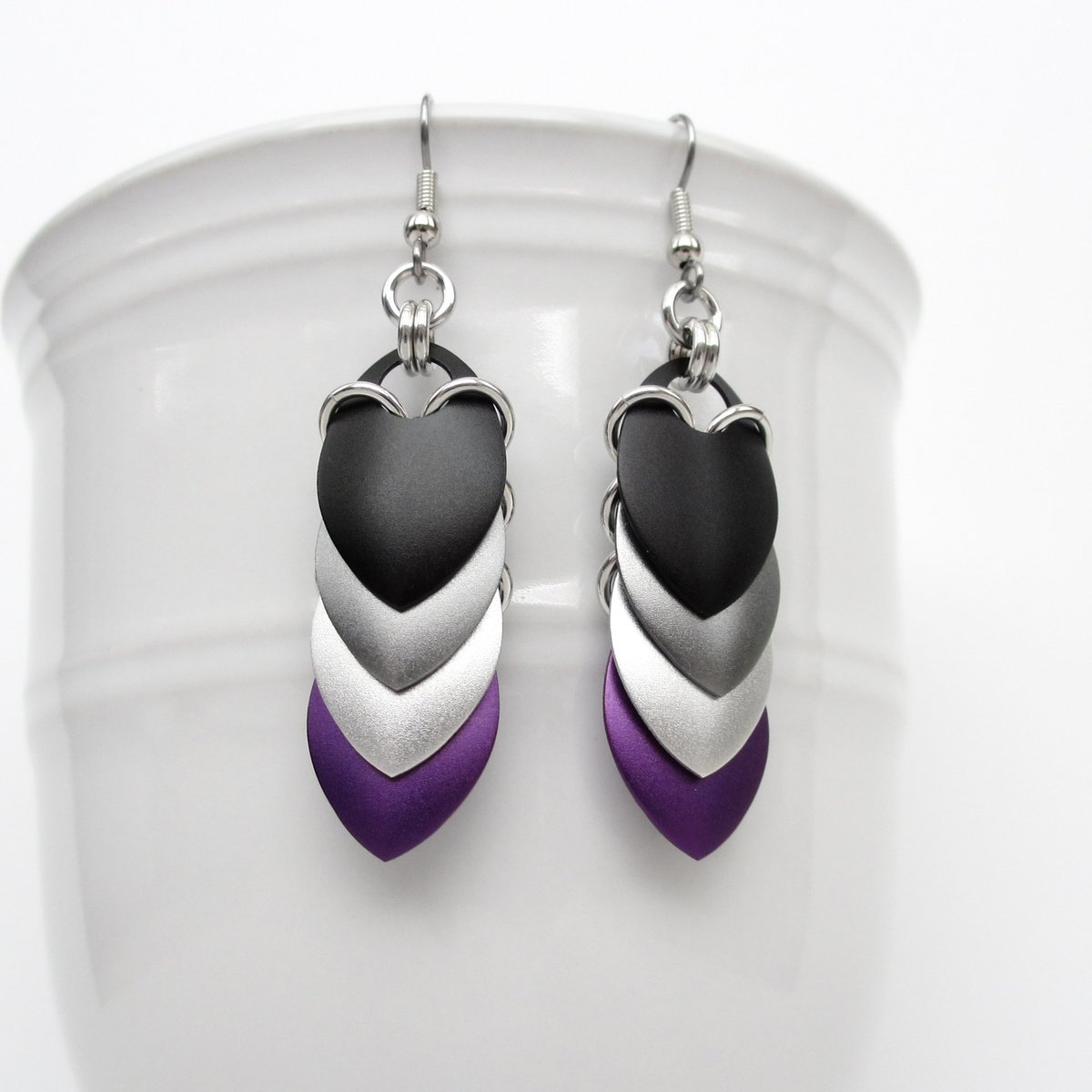 Handmade asexual pride earrings, chainmail scales jewelry, ace flag colors; black gray white purple