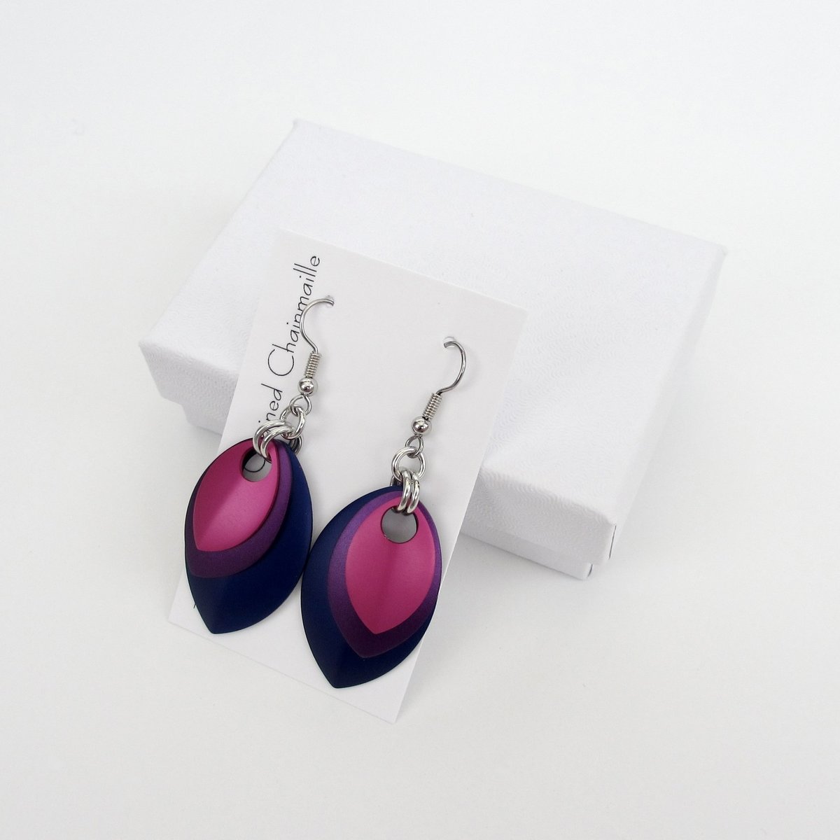 Handmade Bi Pride Earrings – Anodized Aluminum Chainmail Scales Jewelry