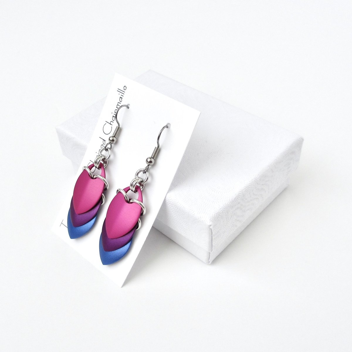 Bisexual pride earrings, handmade bi pride flag jewelry, lightweight chainmail scales; pink purple blue