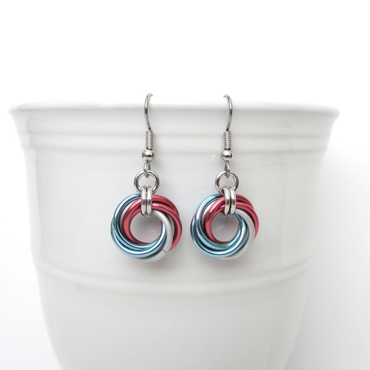 Transgender pride earrings, handmade love knot chainmail trans pride jewelry, choose light or dark pink